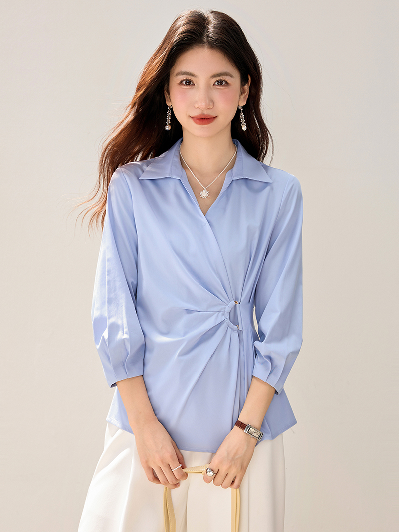RY8110# 设计感解构蓝色衬衫女收腰褶皱通勤衬衣
