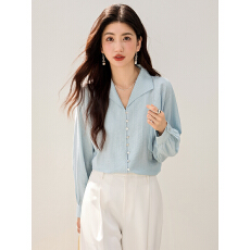 批发蓝绿条纹翻领排扣长袖衬衫女2026春季法式复古气质通勤上衣