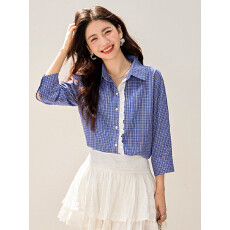 批发法式复古蓝格衬衫女七分袖花边翻领薄款上衣