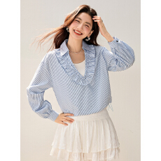 批发法式V领衬衫条纹长袖翻领衬衣2026春季新款女气质小衫上衣