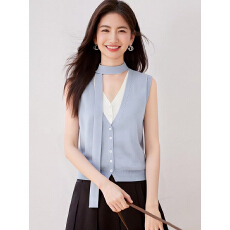 批发蓝色飘带挂脖v领假两件开衫无袖坎肩<b class='q'>t</b><b class='q'>恤</b>女夏冰丝针织短款背心上衣