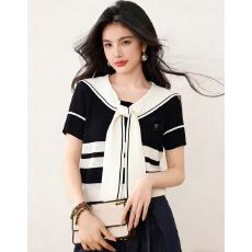 批发减龄海军风撞色<b class='q'>条纹</b>针织短袖T恤女夏宽松显瘦上衣