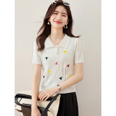 批发POLO领短袖针织衫女白色蜜蜂刺绣翻领显瘦百搭上衣