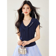 批发海军领刺绣<b class='q'>假两件</b>小飞袖<b class='q'>针织衫</b>女夏季修身绑结V领坎肩上衣