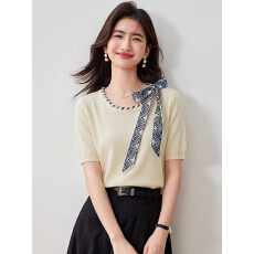 批发圆领蝴蝶结丝巾针织衫短袖T恤女2026年春夏新款修身百搭气质上衣