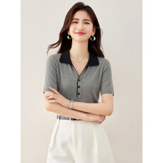 批发韩版松弛感洋气简约休闲显瘦短袖撞色翻领冰丝针织衫T恤上衣女夏