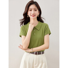 批发美式复古正肩POLO领短袖上衣女夏季洋气时髦休闲上衣
