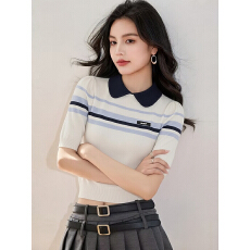 批发学院风条纹娃娃领针织短袖T恤女装2026新款百搭时髦修身上衣