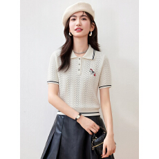 批发韩版时尚百搭撞色翻领镂空时尚短袖针织衫女休闲百搭上衣