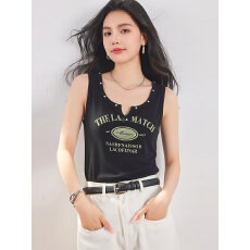 批发美式字母印花背心女白色V领铆钉修身运动休闲打底上衣