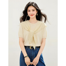 批发夏2026新款黄色海军领短袖针织衫上衣气质显瘦时尚<b class='q'>女</b><b class='q'>t</b><b class='q'>恤</b>