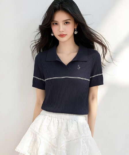 한 부서 품격 작은 말 자수 POLO 칼라 반팔 니트 스웨터 여성 여름 디자인 센스 몸매 가꾸기 슬림해 보이는 다용도 맨위