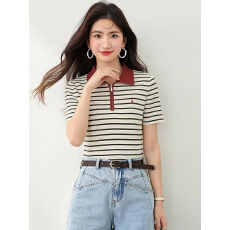 批发复古撞色<b class='q'>条纹</b><b class='q'>针织</b>短袖女2026夏季薄款半拉链翻领半袖<b class='q'>开衫</b>