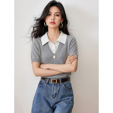 轻熟风撞色翻领假两件短袖针织衫女2026夏季新款气质减龄时髦上衣