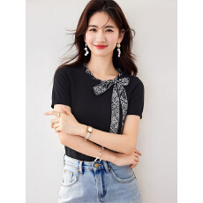 批发<b class='q'>韩版</b>圆领系带短袖针织衫2026春夏亲肤舒适慵懒风百搭气质小衫上衣