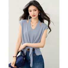 批发韩系蓝色<b class='q'>假两件</b>挂脖短袖针织上衣女2026夏季新款巨好看的掐腰上衣