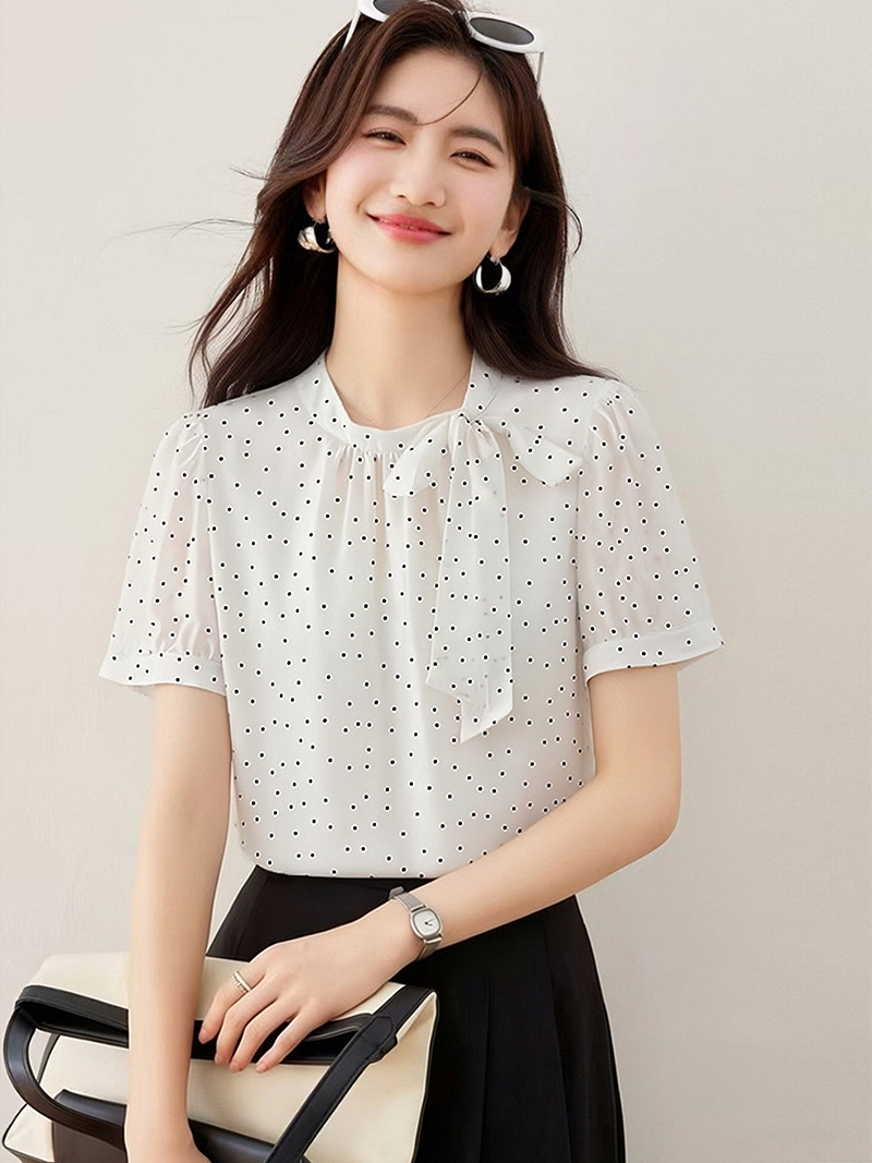 프랑스식 도트 무늬 시폰 셔츠 여성 여름 새로운 품격 출퇴근 리본 작은 스탠드 칼라 작은 셔츠 맨위