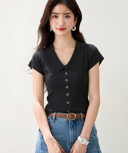 POLO 칼라 얼음 실크 니트 반팔 티셔츠 여성 여름 몸매 가꾸기 폴로 칼라 민소매 초여름 도파민 착용 잡아라. 의류