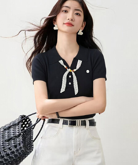 고급 센스 POLO 칼라 긍정적 인 어깨 반팔 니트 스웨터 티셔츠 여성 2026 여름 새로운 도트 무늬 스카프 맨위