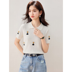 批发2026新款简约<b class='q'>甜美</b>风刺绣花朵短袖翻领针织衫上衣