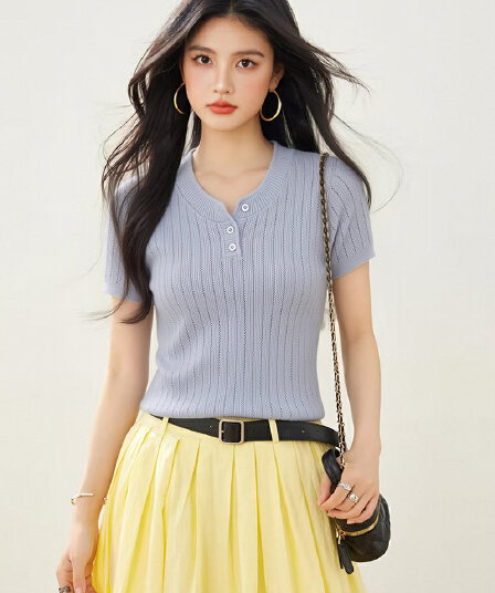 한 부서 몸매 가꾸기 인사이드 가져 가라. 풀오버 니트 반팔 티셔츠 여성 여름 디자인 센스 몸매 가꾸기 슬림해 보이는 맨위