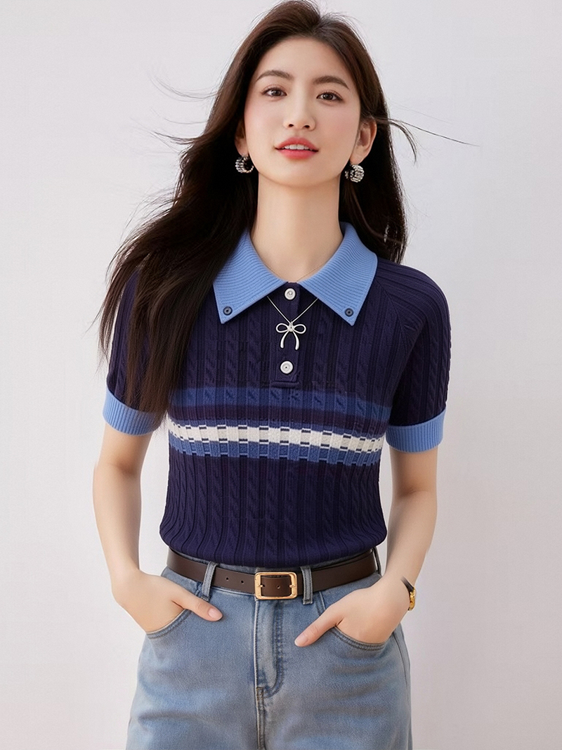 패션 POLO 칼라 디자인 센스 니트 스웨터 여성 2026 여름 새로운 캐주얼 몸매 가꾸기 슬림해 보이는 반팔 맨위