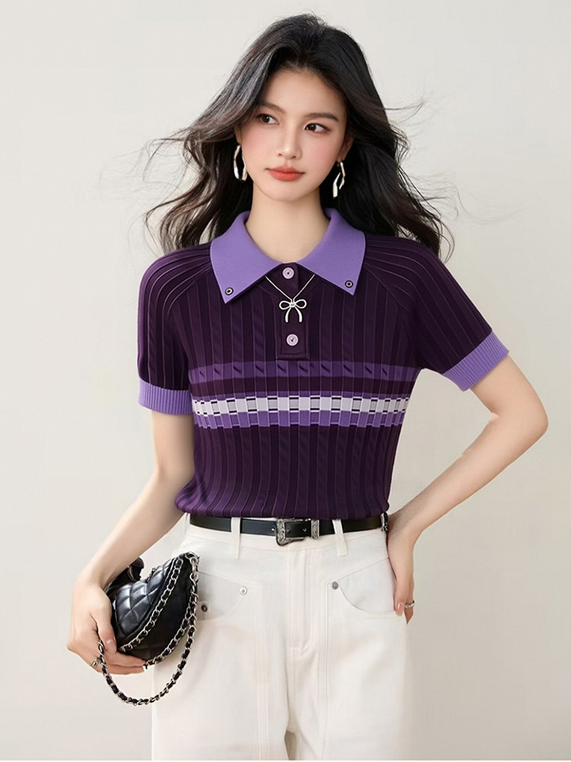 패션 POLO 칼라 디자인 센스 니트 스웨터 여성 2026 여름 새로운 캐주얼 몸매 가꾸기 슬림해 보이는 반팔 맨위