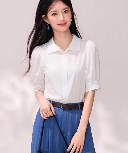 실사 있음 2026 여름 섹션 홍콩 느낌 레트로 품격 거품 소매 쉬폰 셔츠 루즈핏 슬림해 보이는 맨위