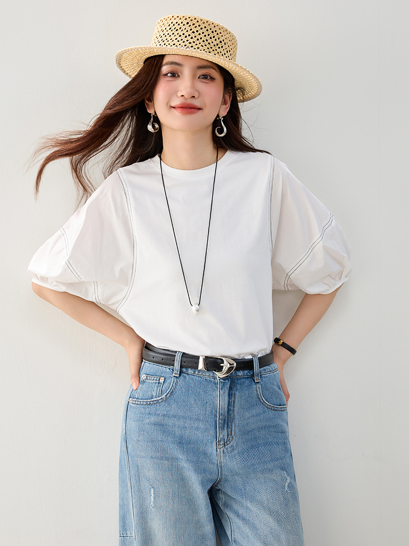 7 점 벌룬 소매 티셔츠 여성 2026 여름 새로운 느긋한 캐주얼 배색 선 라운드 넥 맨위