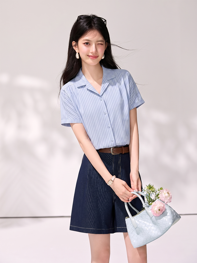 프랑스식 스트라이프 정장 칼라 반팔 여성 셔츠 여름 섹션 디자인 센스 작은 대중 루즈핏 셔츠 출퇴근 맨위