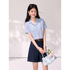 批发法式条纹<b class='q'>西装</b>领短袖衬衫女夏款设计感小众宽松衬衫通勤上衣