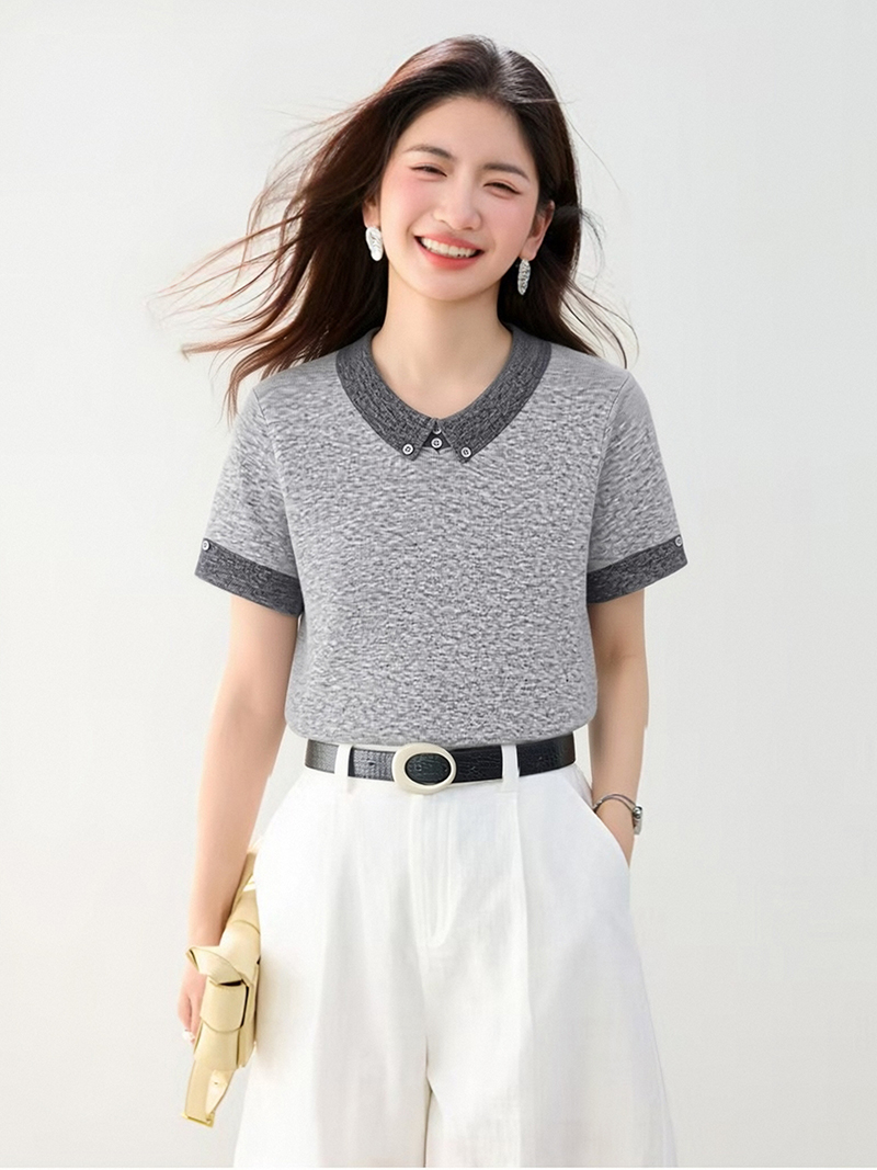 프랑스식 미니멀리즘 배색 POLO 칼라 니트 반팔 티셔츠 여성 디자인 센스 품격 다용도 폴로 칼라 니트 스웨터 맨위