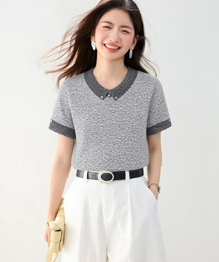 프랑스식 미니멀리즘 배색 POLO 칼라 니트 반팔 티셔츠 여성 디자인 센스 품격 다용도 폴로 칼라 니트 스웨터 맨위