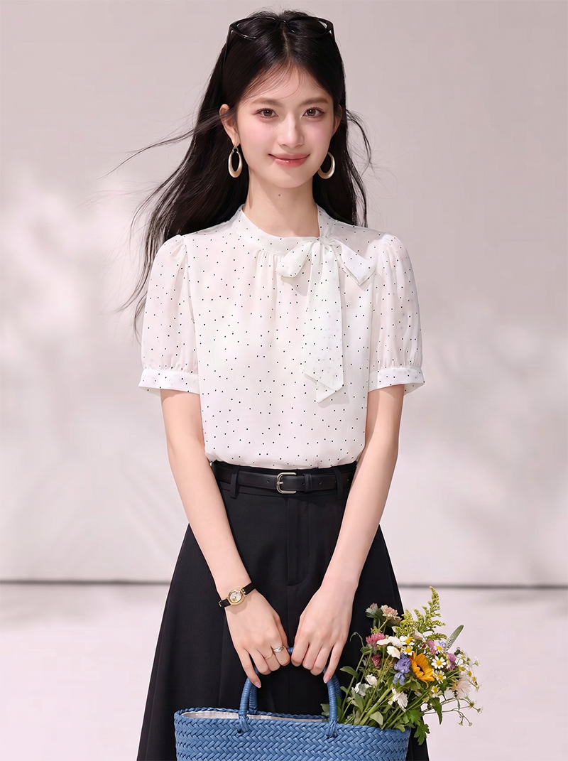 프랑스식 도트 무늬 시폰 셔츠 여성 여름 새로운 품격 출퇴근 리본 작은 스탠드 칼라 작은 셔츠 맨위