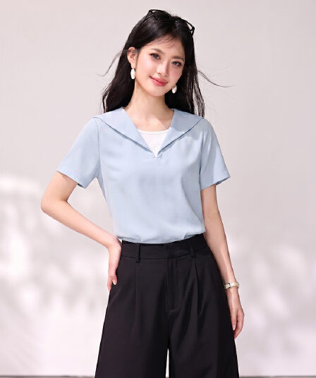 프랑스식 해군 칼라 반팔 티셔츠 여성 여름 2026 년 새로운 올해 인기 폭발 파란색 POLO 셔츠 맨위