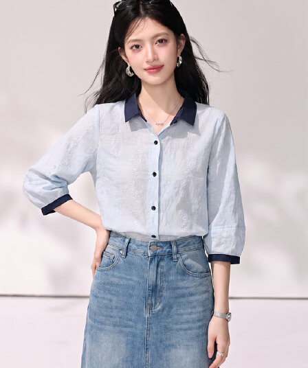 고급 센스 배색 폴로 칼라 자수 여성 셔츠 2026 여름 새로운 연령 감소 7부 소매 맨위