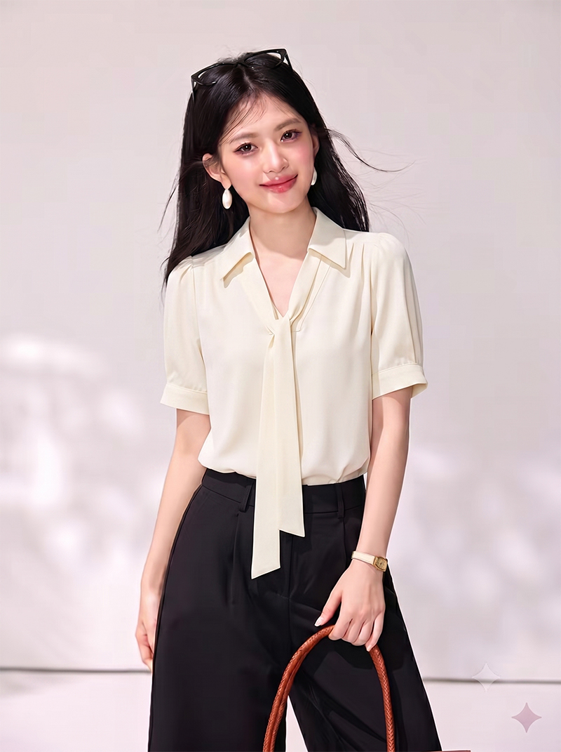 실사 있음 2026 여름 섹션 V넥 반팔 거품 소매 Chic 리본 단색 품격 작은 대중 맨위