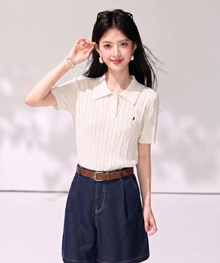 2026 여름 새로운 POLO 칼라 니트 얇은 스타일 반팔 여성 프랑스식 레트로 단색 맨위