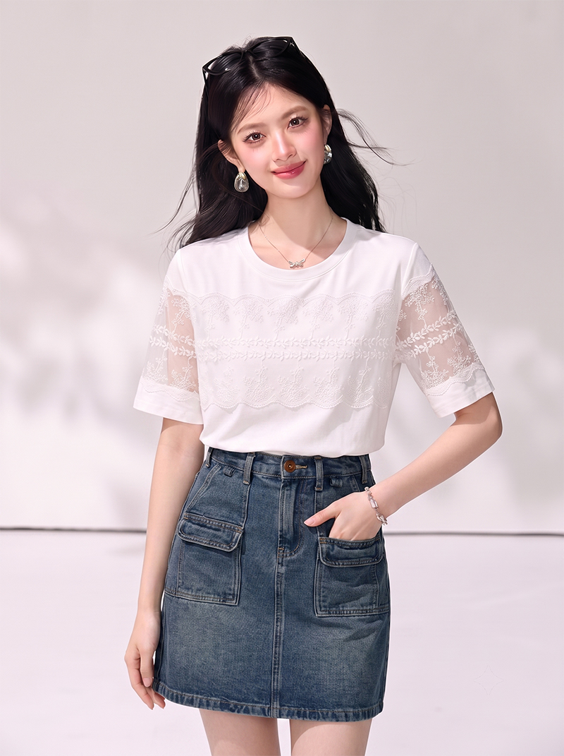 레이스 조각 라운드 넥 반팔 티셔츠 여성 여름 2026 새로운 디자인 센스 작은 대중 편안함 순면 자수 맨위