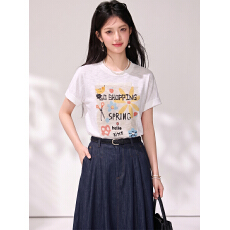 批发实拍竹节麻轻薄短袖女2026夏款韩版宽松<b class='q'>花朵</b>字母印花T恤针织衫