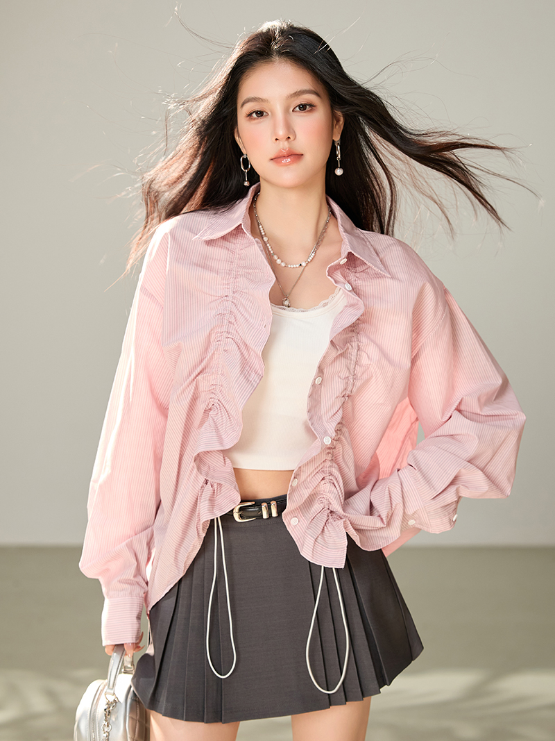 条纹抽绳褶皱落肩薄款长袖衬衣女秋季新款休闲宽松衬衣外套 服裝批發女裝批發服飾貨源