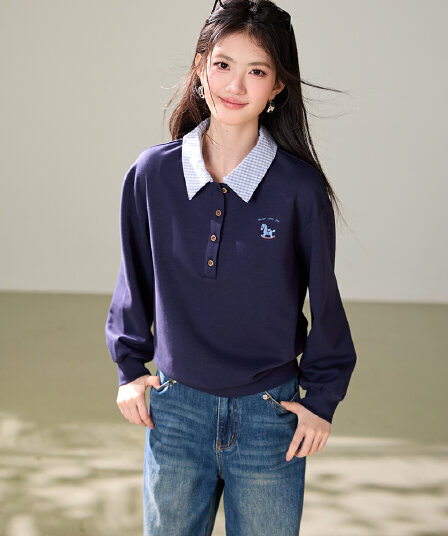 캐주얼 바람 POLO 칼라 긴팔 티셔츠 여성 2026 가을 새로운 페이크 레이어드 미니멀리즘 다용도 맨위