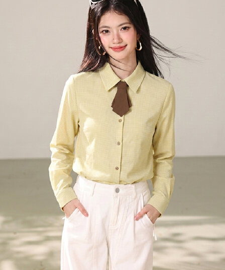 실사 2026 가을 캐주얼 체크무늬 나비 넥타이 장식 싱글 줄 버튼 긴팔 품격 인사이드 잡아라. 의류