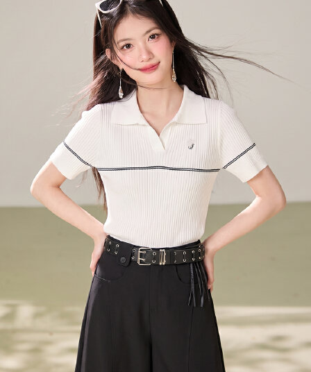 한 부서 품격 작은 말 자수 POLO 칼라 반팔 니트 스웨터 여성 여름 디자인 센스 몸매 가꾸기 슬림해 보이는 다용도 맨위