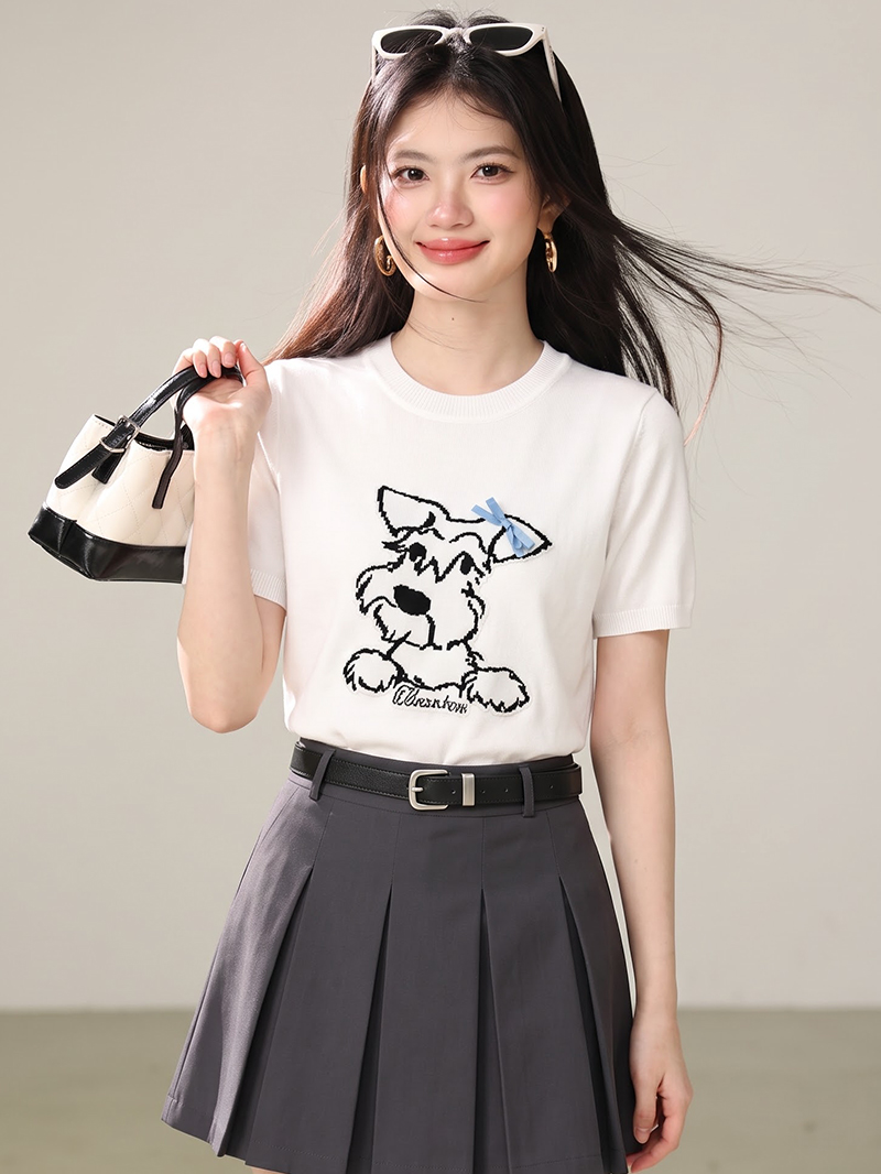 RY8114# 实拍有2026夏款趣味减龄圆领显瘦提花针织衫T恤短袖上衣