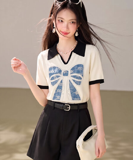 실사 있음 2026 여름 새로운 연령 감소 배색 POLO 칼라 긍정적 인 어깨 반팔 니트 티셔츠