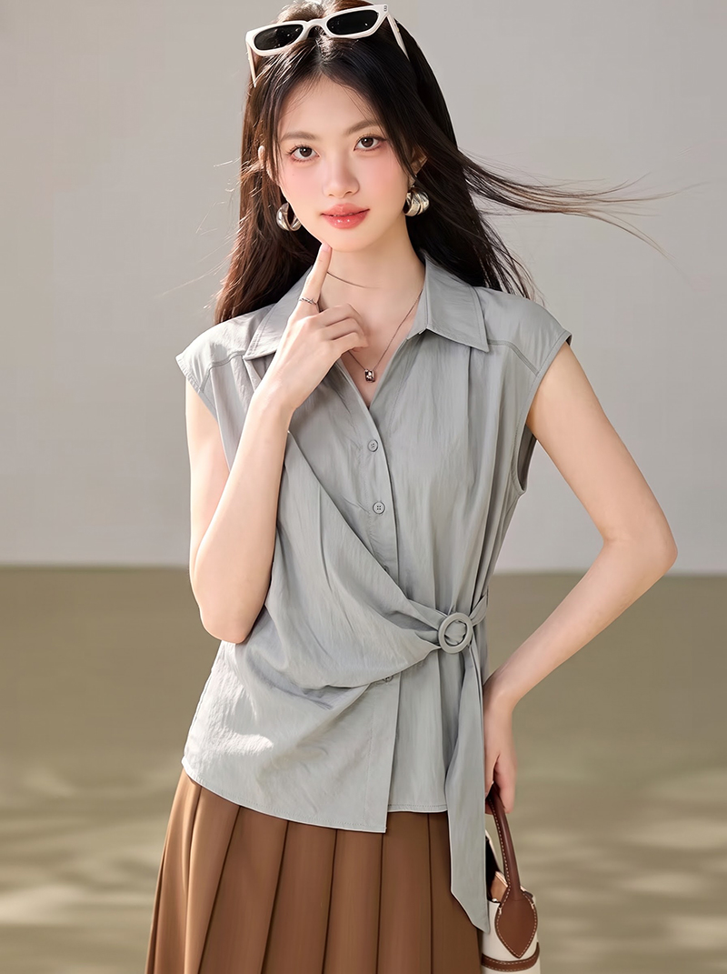 RY8113# 2026夏季新款收腰洋气衬衫不规则无袖显瘦设计感衬衣