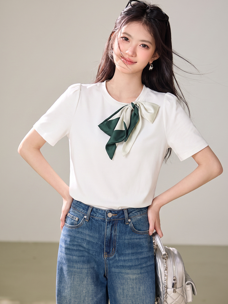 RY8109# 实拍◆有◆2026夏新款白色薄款丝巾女T恤设计感小众显瘦上衣