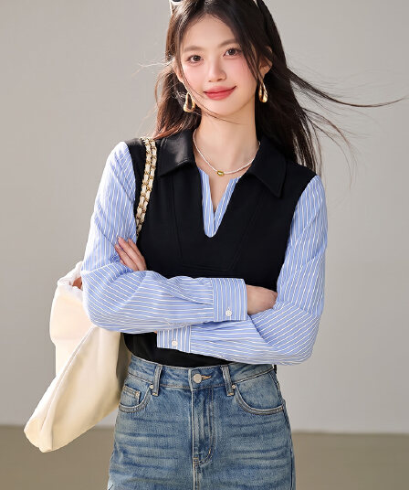 2026 봄과 겨울 새로운 빛 요리 한 미니멀리즘 셔츠 패치워크 폴로 칼라 페이크 레이어드 후드티