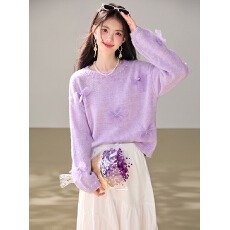 批发温柔风立体亮片<b class='q'>花朵</b>毛衣女2026秋冬宽松慵懒风软糯针织衫上衣